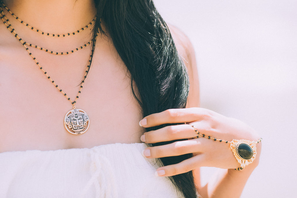 Mayan pendant necklace and Pueblo Jewelry, Rosary Hand Piece with large black cabochon stone