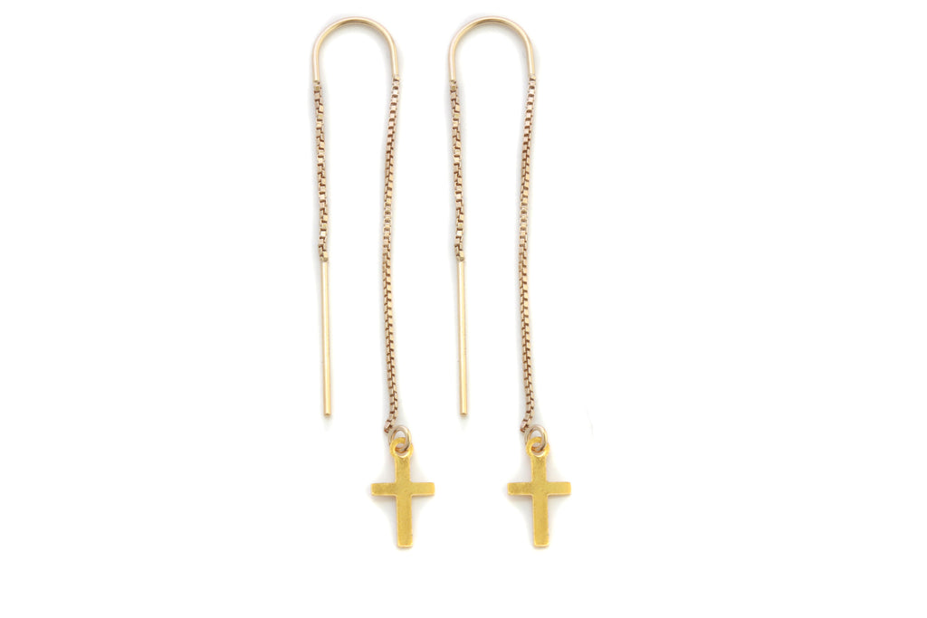 Pueblo Jewelry, minimal fine gold threader cross earrings