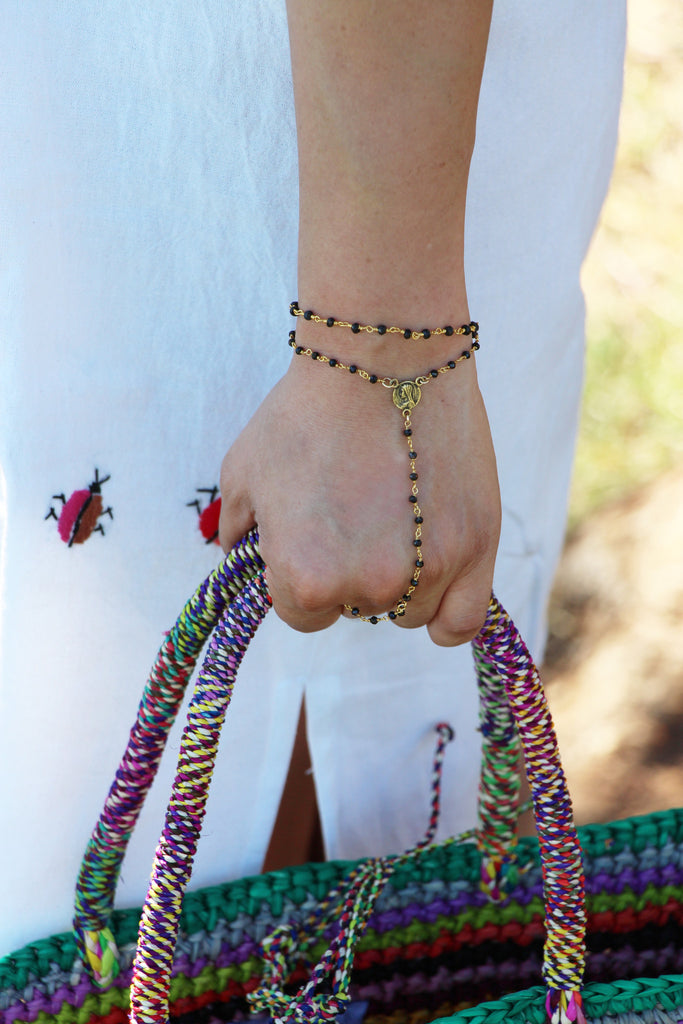 Church Rosary Jewelry with Sensi Studio straw tote